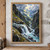 Turquoise waterfall spilling over a rocky shelf in a forested alpine ravine, with snowy peaks and sunlight breaking through clouds.; frame shown for styling only