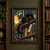 Golden-eyed black cat reaching toward a dangling botanical bookmark on a warmly lit bookshelf.; frame shown for styling only