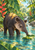 Young tapir standing in a jungle stream with its trunk near a floating leaf, amid tropical foliage and red-orange flowers.