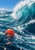 Large turquoise wave curling over indigo water beside a coral-red buoy with a dark tether and white spray.