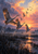Three large cranes rise above marsh reeds and reflective water, with smaller birds flying toward a glowing apricot dawn sky.
