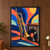 A brass trumpet on a black stand beside a shelf of colorful records, with a dark vinyl record leaning below against a geometric color-field background.; frame shown for styling only