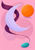 Pale-lilac crescent and floating orange disc with a looping plum ribbon and small turquoise oval on a soft-pink background.