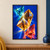 Three overlapping turquoise, amber, and coral-red faceted glass prisms with bright flares and colored beams on a deep blue background.; frame shown for styling only