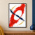 Vermilion open-loop brushstroke around a white oval, crossed diagonally by navy with pale-gold accents.; frame shown for styling only