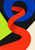 A vermilion band winds through a large cobalt-blue ring, with lime and ivory shapes against a black ground.