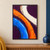 Three broad blue, orange, and off-white arcs sweep across a dark plum background with rough painted edges and short dark marks.; frame shown for styling only