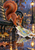 Red squirrel on a rain-wet ornate iron park bench beside an unfolded map, with a puddle, fallen leaves and glowing streetlamps.