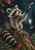 Raccoon perched on a mossy stump reaching toward a red winged seed in a moonlit forest, with ferns and autumn leaves.