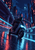 Helmeted rider on an angular scooter-like vehicle speeding along a wet elevated city ramp beneath cyan-lit high-rises at night.