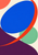 Abstract poster with a large tilted cobalt oval crossed by a vermilion arc, a pale green disc, coral corner, and deep-plum lower field.