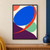 Abstract poster with a large tilted cobalt oval crossed by a vermilion arc, a pale green disc, coral corner, and deep-plum lower field.; frame shown for styling only