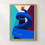 Cobalt spiral ramp curling around a dark opening between turquoise, plum, and warm-white planes, with a red rectangle above.; frame shown for styling only