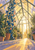 Sunlit greenhouse aisle with converging roof ribs, a cobalt vine with coral blossoms on a trellis, potted plants, and a bright doorway.