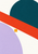 A large cropped deep-teal circle crossed by a diagonal vermilion band, with a pale-lilac curve and saffron square on warm white.