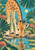 Illustrated young giraffe bending to drink from a rippled pool, framed by broad leaves, flowers, rocks, and distant vegetation.
