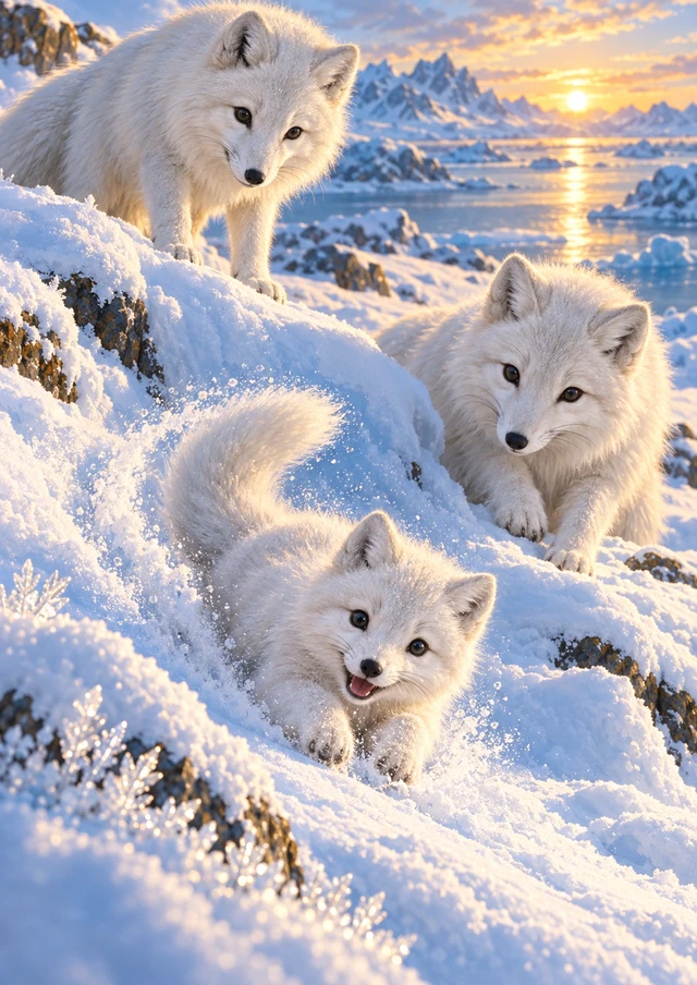 Three Arctic Foxes Art Print - Playful Snowy Slope