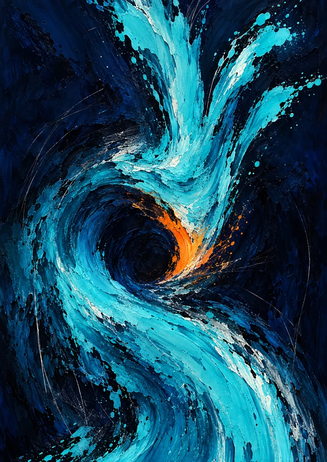 Turquoise Abstract Poster - Indigo Spiral and Orange Accent