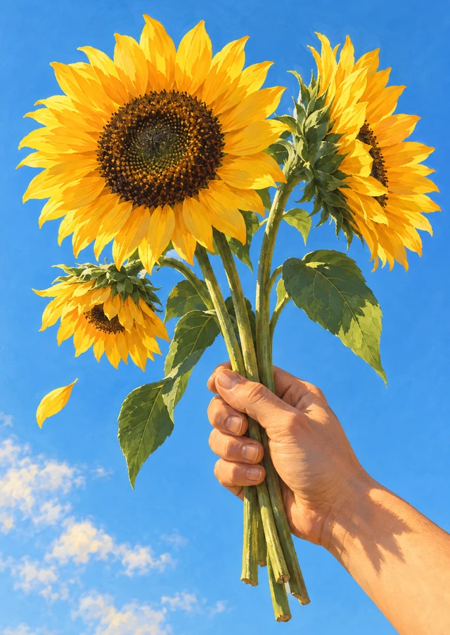 Handful of Sunflowers Art Print - Golden Blooms and Blue Sky