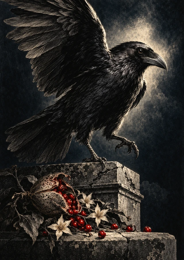 Raven and Seedpod Art Print - Gothic Botanical Wildlife