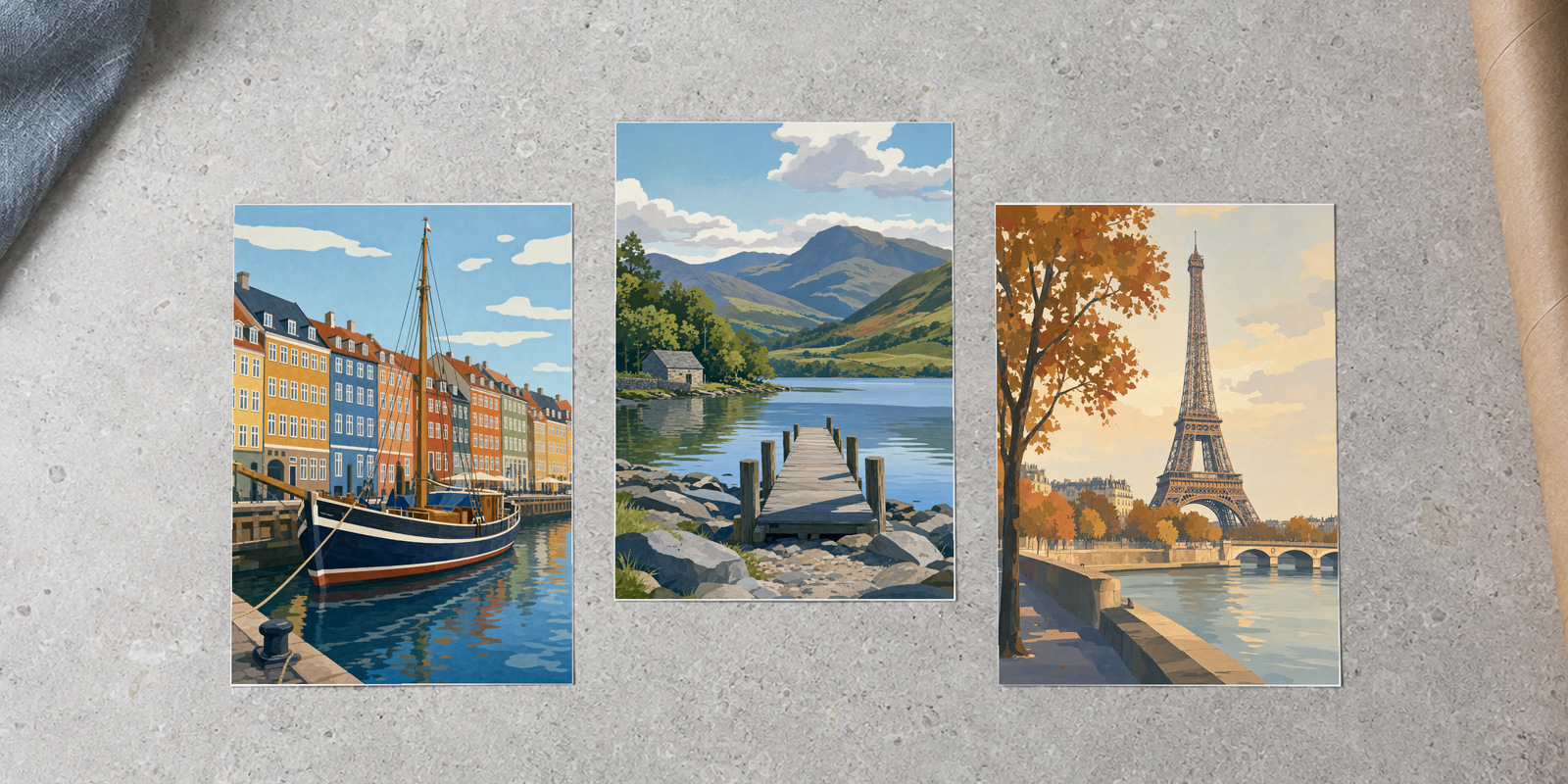 Three illustrated travel prints showing Copenhagen, the Lake District and Paris