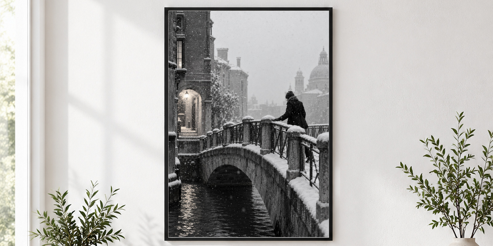 Snowy canal bridge print in a light room