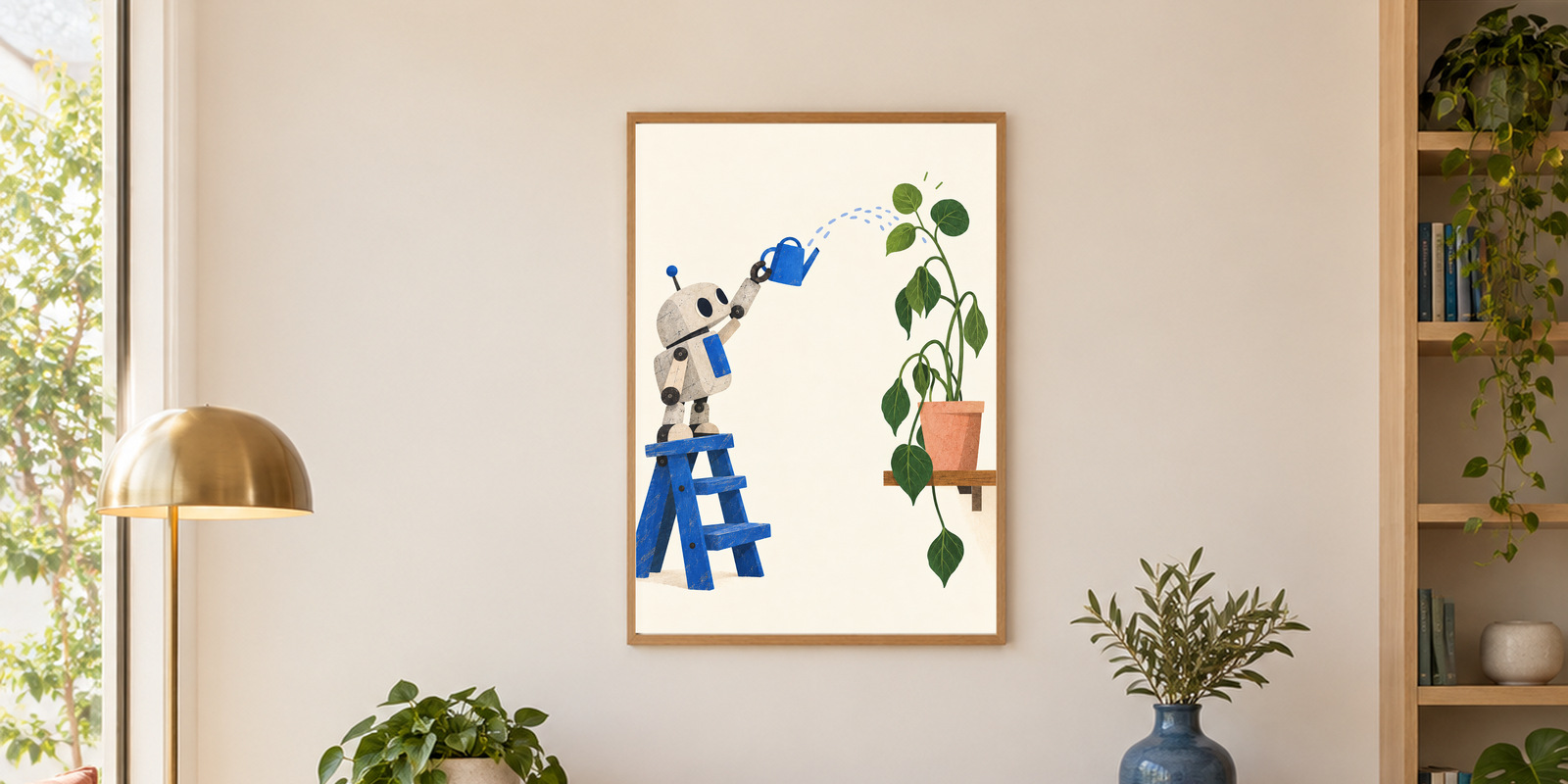 Playful robot watering a plant print in a bright room