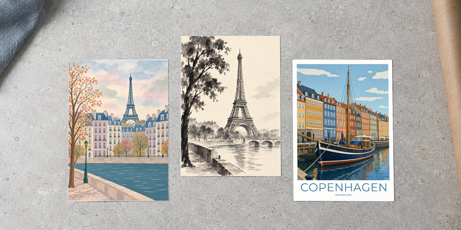 Pastel Paris, ink wash Paris and original titled Copenhagen travel prints