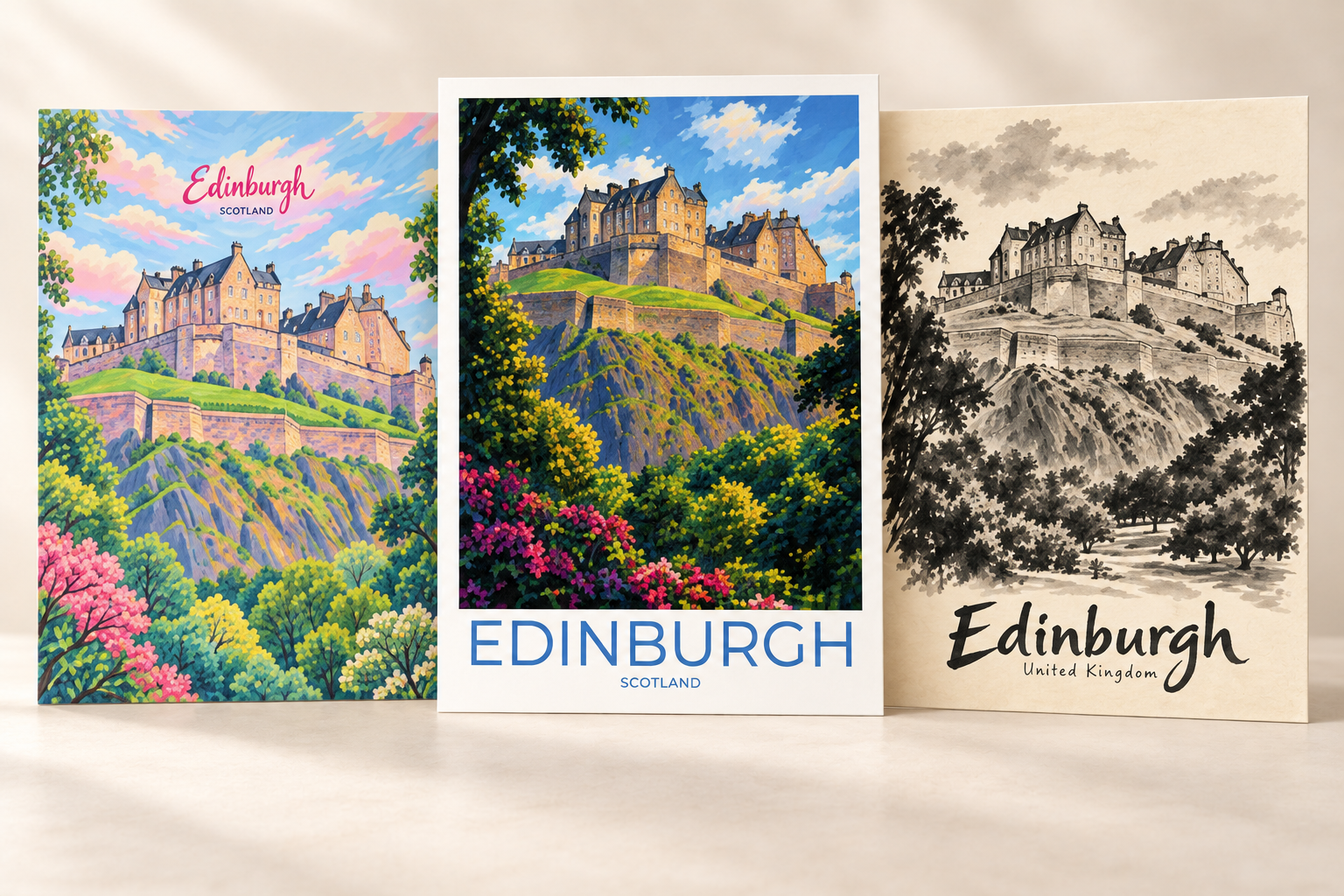 Edinburgh travel art in pastel, vivid colour and ink wash styles