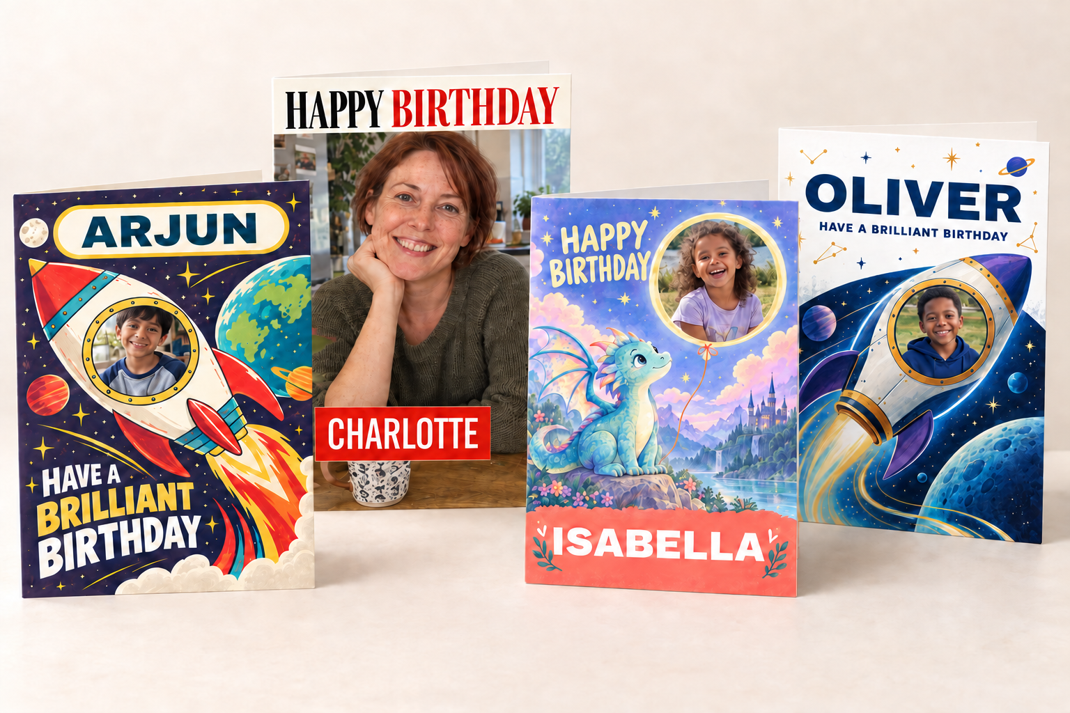 Personalised Charlotte, Arjun, Isabella and Oliver birthday card designs