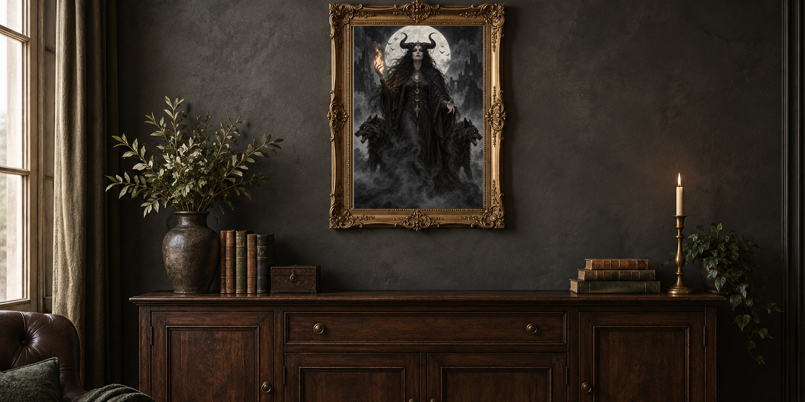 Gothic goddess illustration displayed in an antique gold frame in a dark room setting