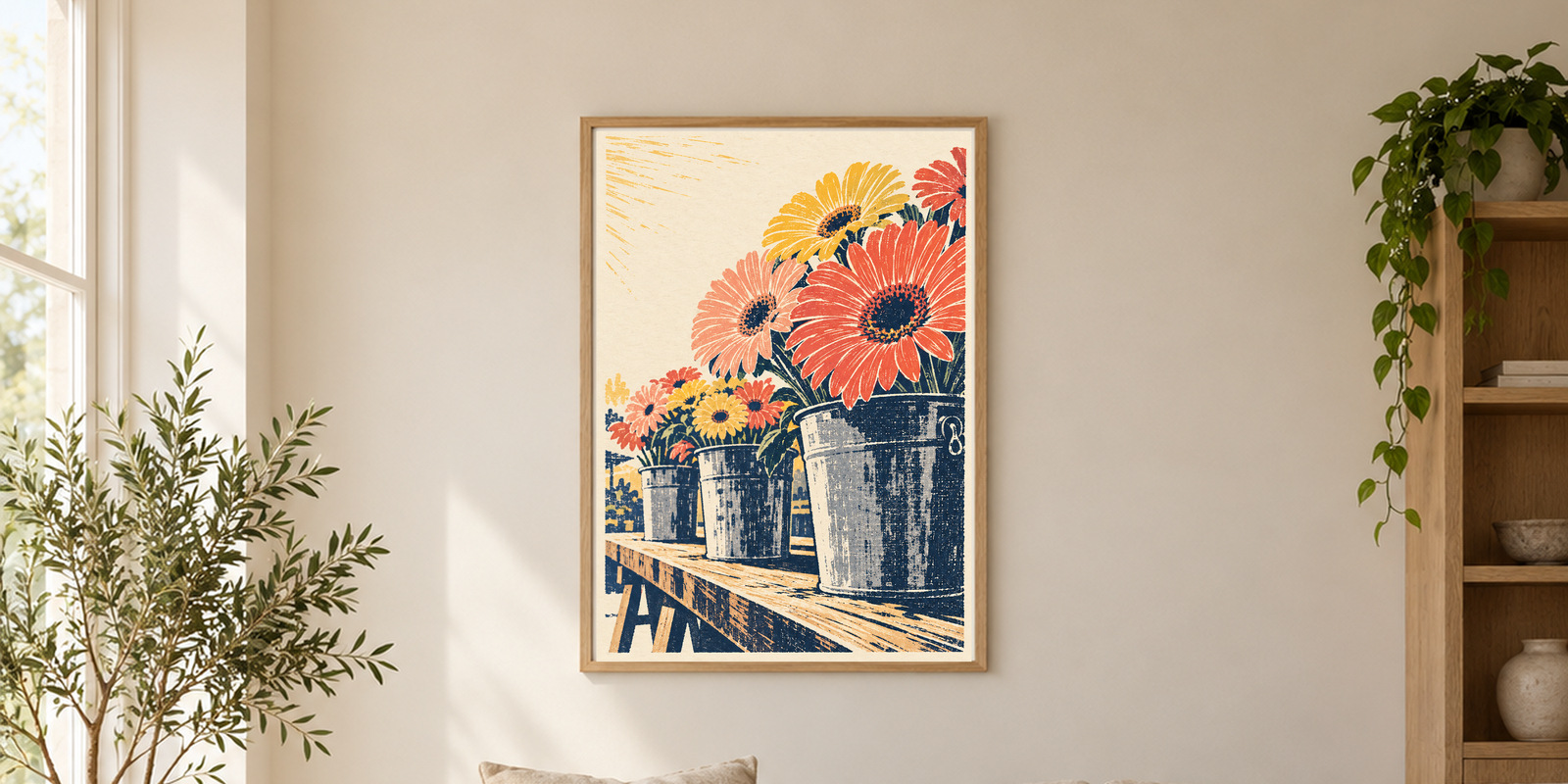 Gerbera flower print in a warm neutral room