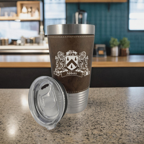 Irish Coat of Arms Leather Travel Mug - Rustic Brown