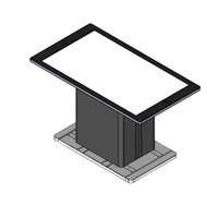 Technical line drawing showing the front and side elevations of the 55" model with dimensions.	Engineering schematic for the smart touch table showing height and width specifications.