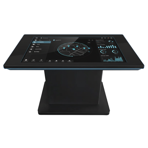 Close-up side profile of the Sirius table showing the slim tabletop and support leg.	Sirius Series interactive touch table side profile view showing slim industrial design.