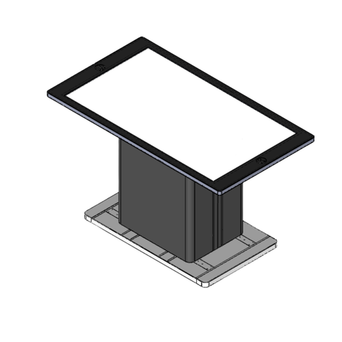 Technical line drawing showing the front and side elevations of the 55" model with dimensions.	Engineering schematic for the smart touch table showing height and width specifications.