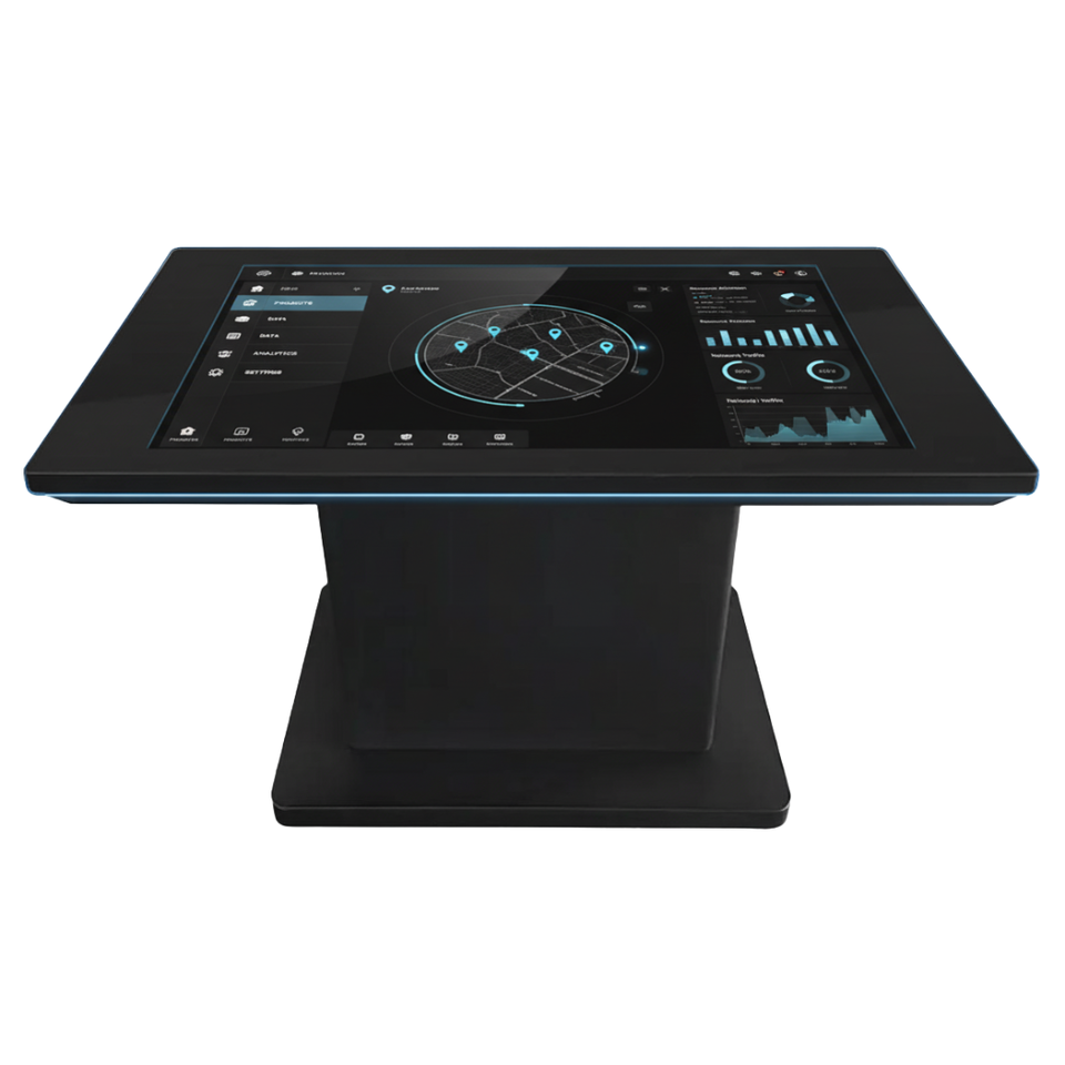 Close-up side profile of the Sirius table showing the slim tabletop and support leg.	Sirius Series interactive touch table side profile view showing slim industrial design.