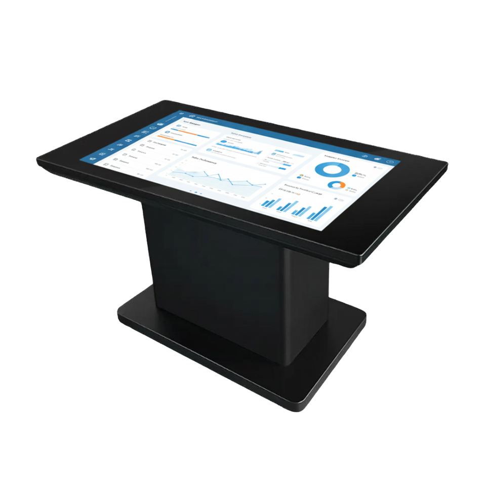 High-angle shot of the interactive table in a professional lounge setting with a world map displayed.	Sirius Series 4K interactive table used for global logistics visualization in a corporate lounge.