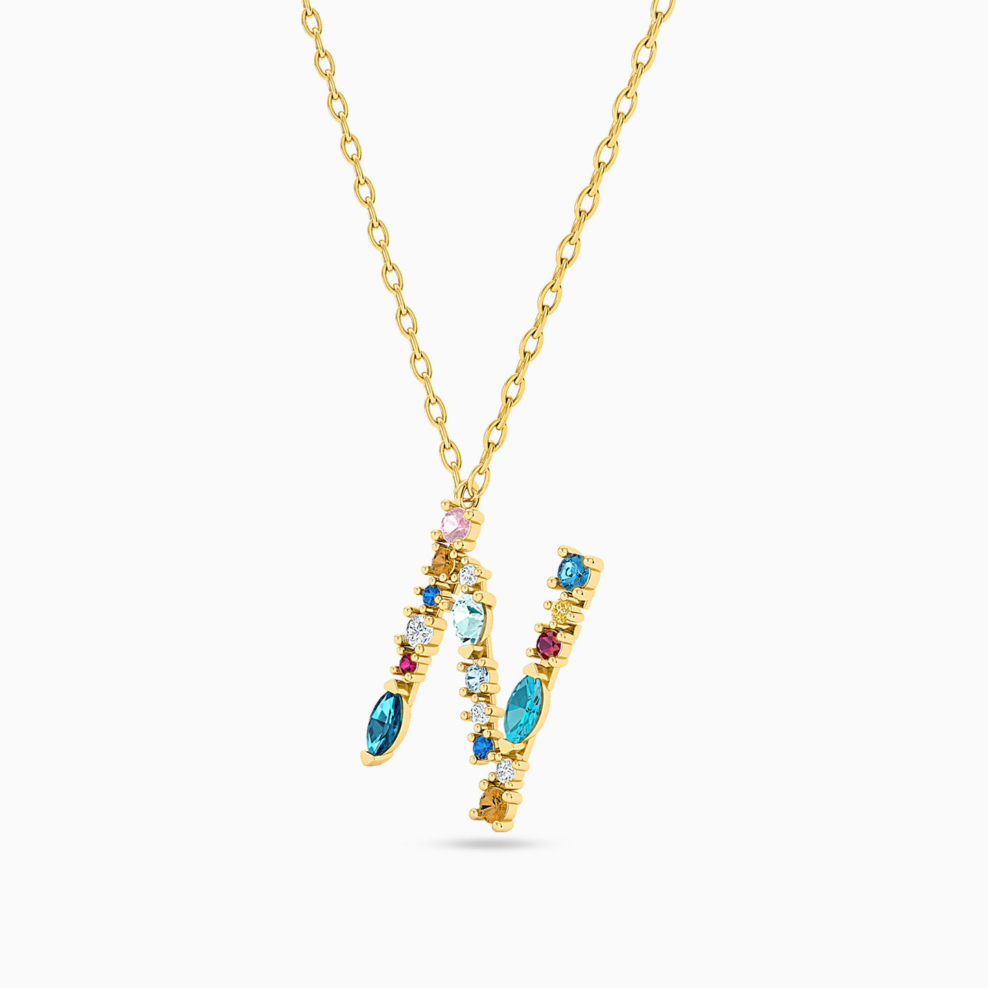 Letter N Colored Stones Necklace in 18K Gold - 2 Letter N Colored Stones Necklace in 18K Gold - 2