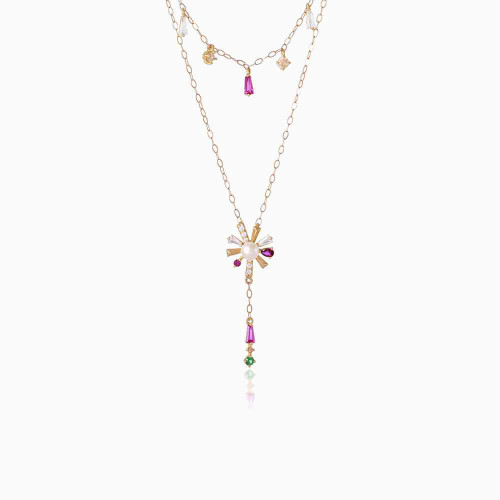 LIN527 - Flower Colored Stones Layered Necklace in 18K Gold - 111406180012-1.jpg