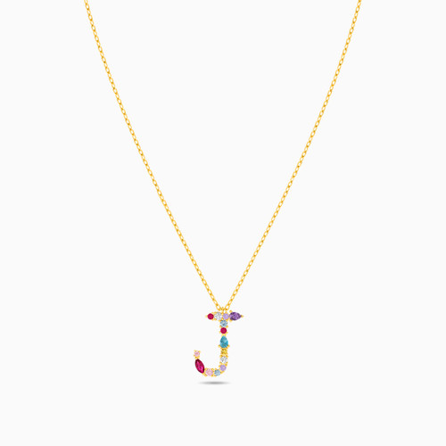 LIN723 - Letter J Colored Stones Necklace in 18K Gold - 111404180276-3.jpg