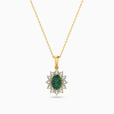 Oval Diamond & Green Stones Necklace in 18K Gold - PN400908Y18EM1