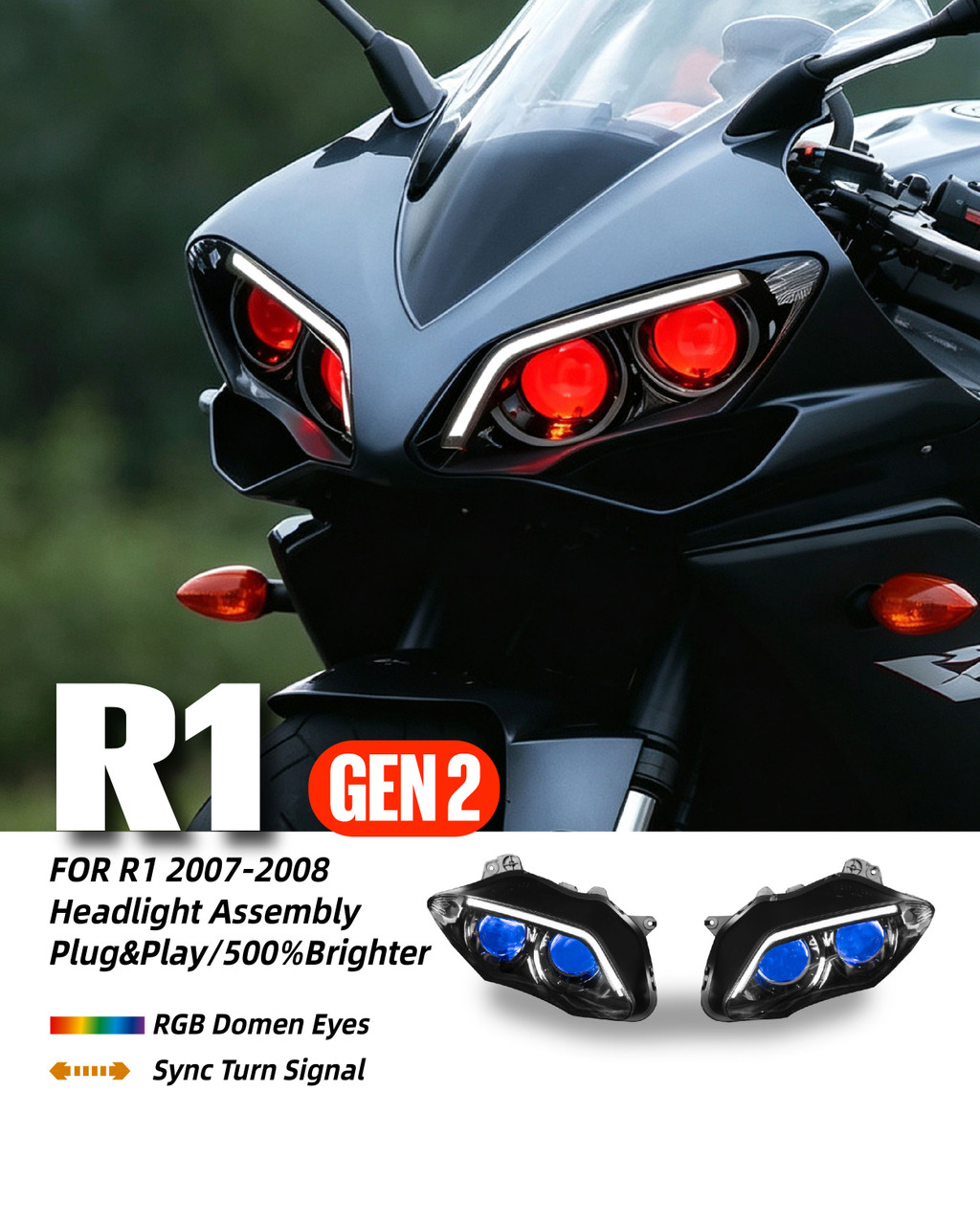 Yamaha YZF R1 LED & HID headlight 2007 2008