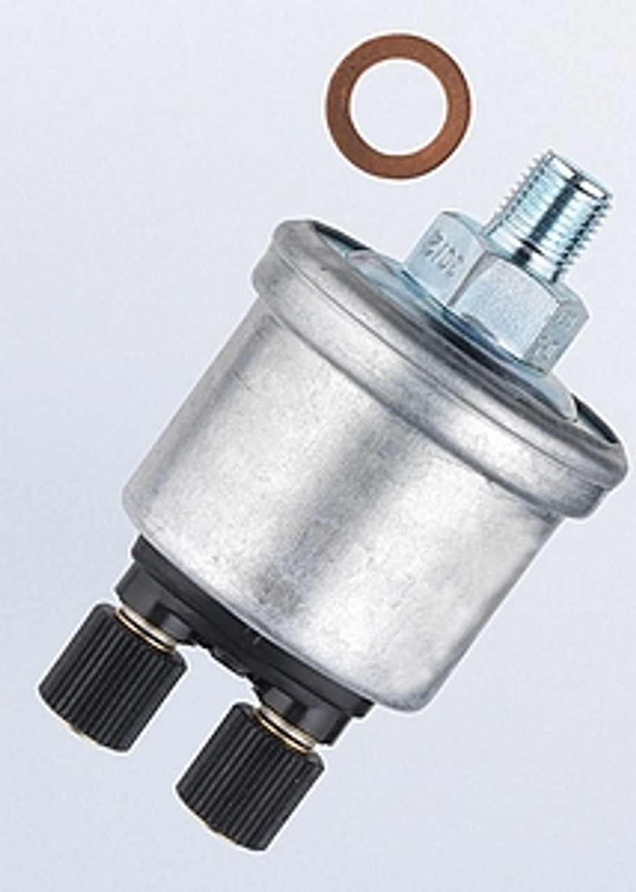 VDO Pressure Sender, Part #360-006 - 0-80 PSI/5 Bar, M10 x 1 Thread, 10 - 180 Ohms, Standard Ground.  Has 7PSI Warning Contact for Low Pressure Warning Light. 