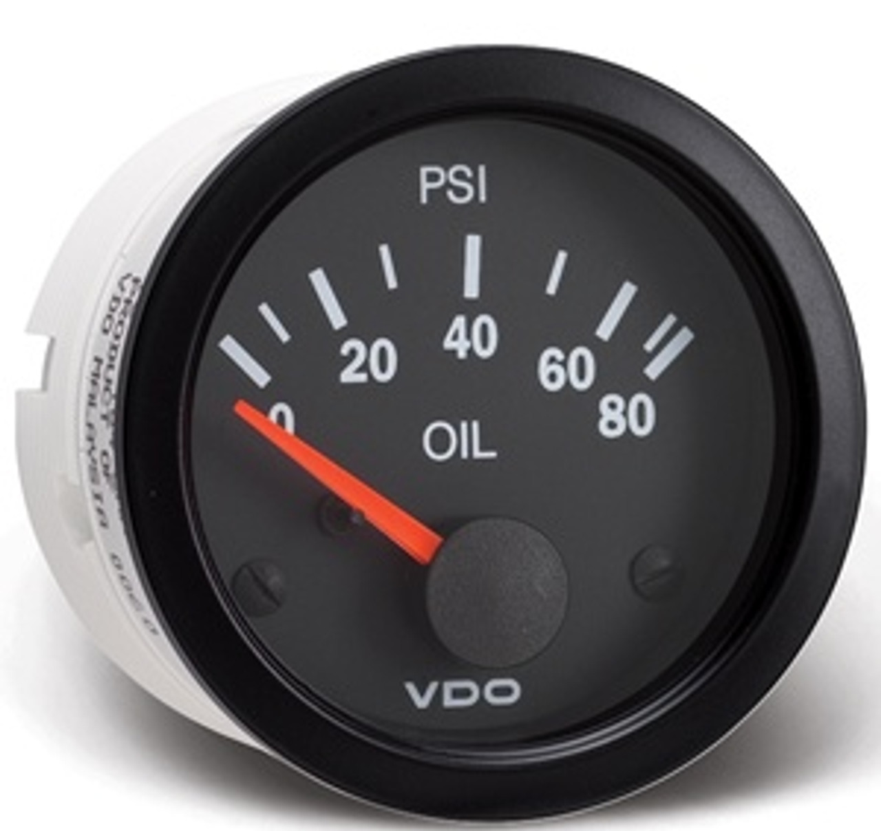 VDO Vision Part #350-104 Oil Pressure, 0-80psi. 52mm (2 1/16") Diameter. Thru-dial Lighting w/ Lighted Pointer. 12 Volt. Requires VDO 10-180 Ohm Sender. 
 