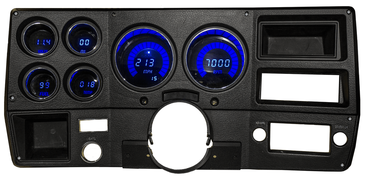 1973-87 Chevy Truck LED Digital Gauge Panel - DP6004
The 1973-87 Chevy Truck has the look and feel of elegance and will make you the envy of all Chevy truck lovers with your new 73-87 Chevy Truck LED Digital Replacement Gauge Panel by Intellitronix. Complete with direct fit printed circuit boards, custom fit "smoked" plexiglass faceplate, universal temperature, oil pressure, and speedometer sending units with sender and sensor for vehicles without electronic transmission or cruise control, and instructions for installation.