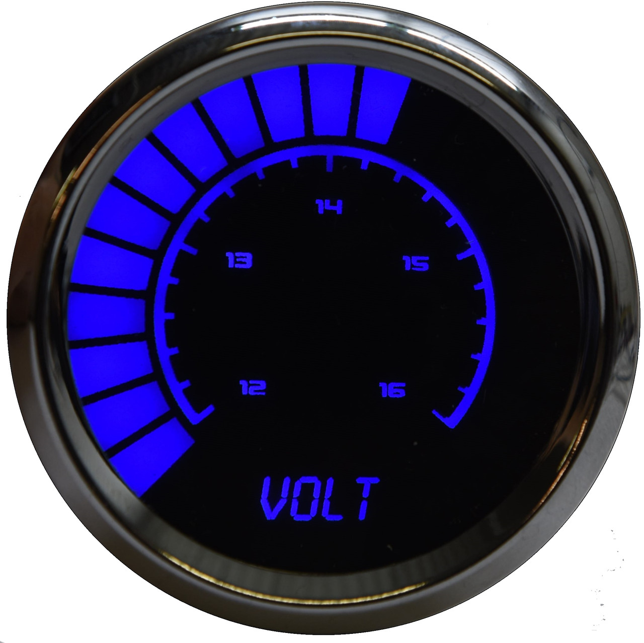 Voltmeter Analog LED Bargraph Chrome Bezel – BS9015
The power of your vehicle is truly only complimented by one other crucial asset: appearance. Now with the new line of Individual Analog LED Bargraph Gauges, you can finally leave that worry deep in the past. Now you can really watch your voltage level with the Intellitronix super bright LED digital voltmeter!
The Voltmeter Analog LED Bargraph is a microprocessor controlled gauge with 12 to 16 volts accuracy and works with any vehicle! It is accurate, super bright, and intelligent all in one.