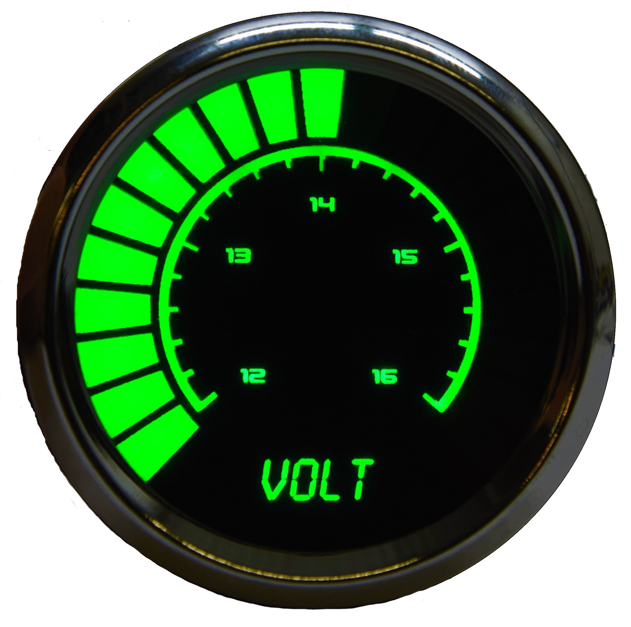 Voltmeter Analog LED Bargraph Chrome Bezel – BS9015

The power of your vehicle is truly only complimented by one other crucial asset: appearance. Now with the new line of Individual Analog LED Bargraph Gauges, you can finally leave that worry deep in the past. Now you can really watch your voltage level with the Intellitronix super bright LED digital voltmeter!
The Voltmeter Analog LED Bargraph is a microprocessor controlled gauge with 12 to 16 volts accuracy and works with any vehicle! It is accurate, super bright, and intelligent all in one.