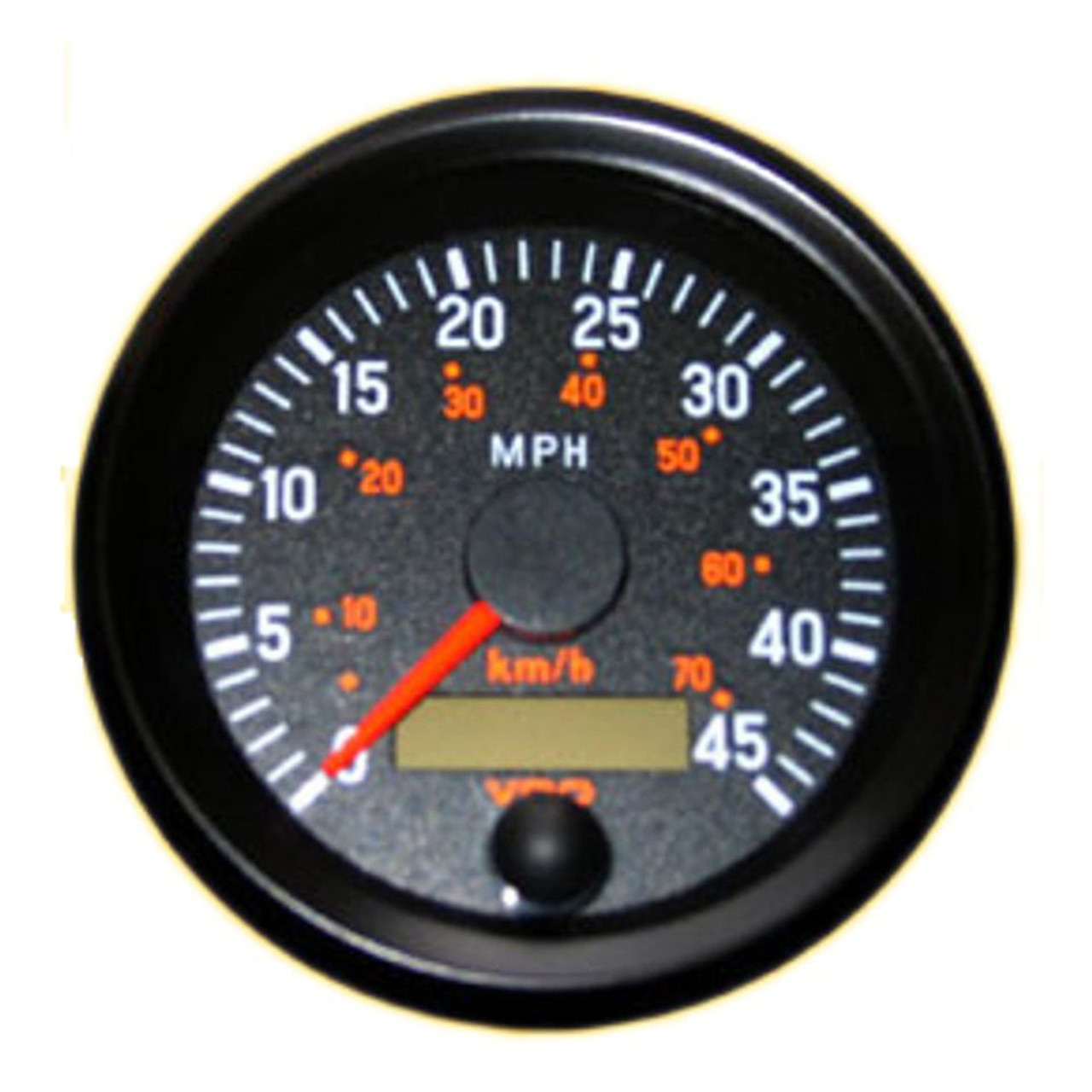 NO LONGER AVAILABLE, VDO HAS ENDED PRODUCTION

VDO Cockpit Speedometer, Electronic Programmable 0-45MPH with Resettable LCD Trip Odometer, Part #437-150, 3 1/8" (80mm) Diameter, Thru-Dial Lighting

 For use with hall effect, inductive, OEM electronic output, and generator senders. For 24 volt operation, replace lighting bulbs with 24 volt bulbs...

Features:

    Black Dials with Matching Bezels
    Clear White Graphics
    Red Pointers
    Spin-Lok Mounting
    Note: Sending units not included with individual gauges