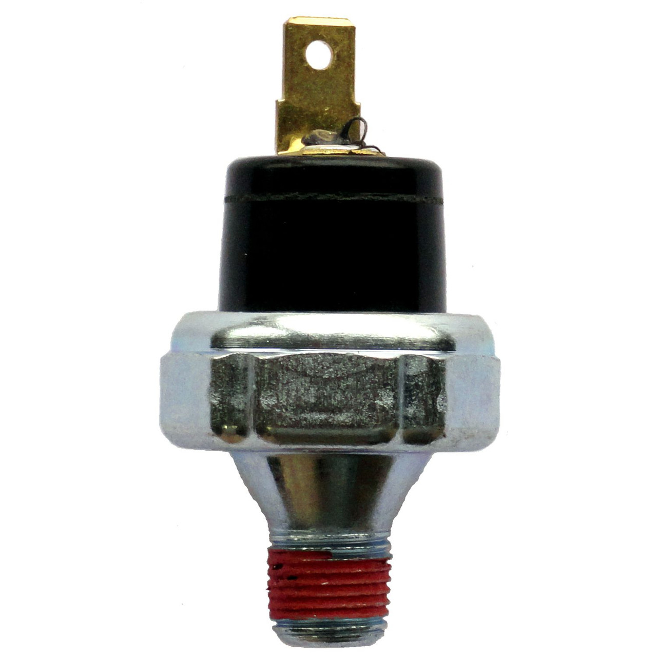 Pressure-operated switch, internally grounded. Has one “quick-connect”, 1/4″ spade terminal. Switch is normally closed, closing on a decrease in pressure at 6-10PSI, but open above.
Operating range: 0-250PSI, withstands 160PSI continuous without leaking.
Operating temperature: -40°F to 250°F (-40°C to 121°C).
Current rated for 1A at 12VDC.
Optional WeatherPack Connector.